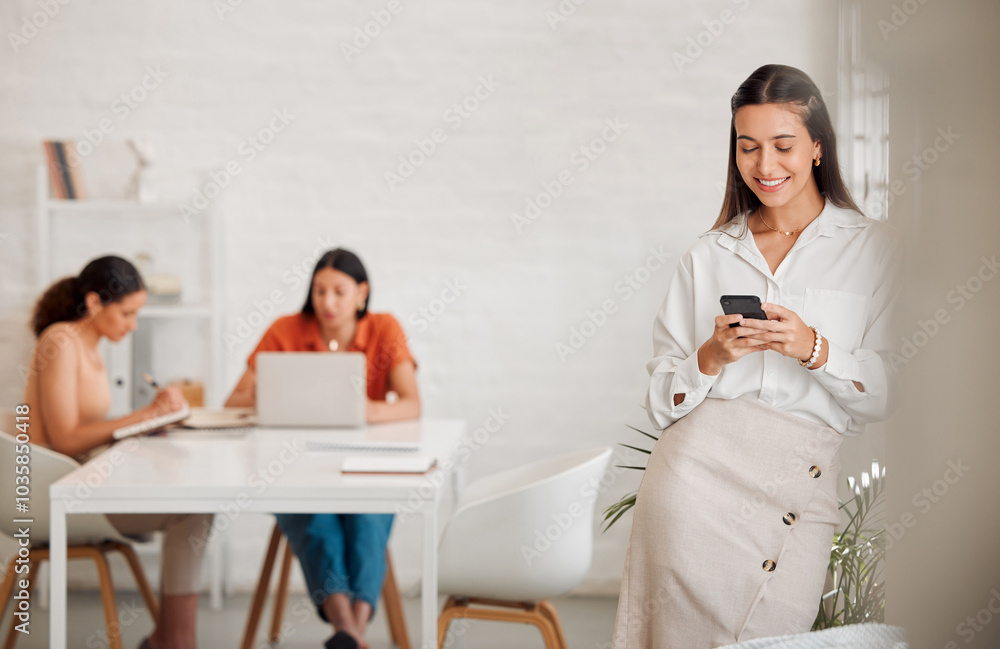Poster office, businesswoman and smile with smartphone for chat, text message or notification from client. 
