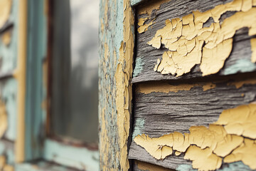 Peeling lead paint reveals the aged wood beneath on homes weathered exterior