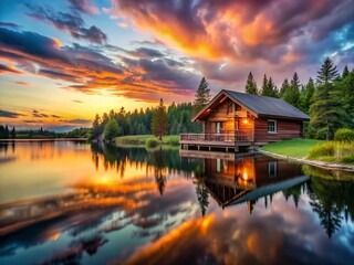 Fototapeta premium Tranquil Log Cabin by Lake at Sunset - Long Exposure Photography for Nature Lovers