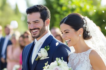 Joyful couple walking down the aisle after their wedding ceremony surrounded by greenery on a beautiful day