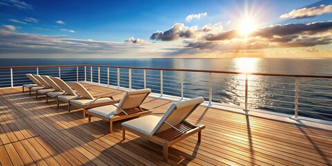 Obraz premium Luxury cruise ship deck with lounge chairs and ocean horizon close-up