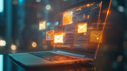 Na ekranie laptopa pojawia się alert o nowym e-mailu, wskazujący na aktywne połączenie komunikacyjne w międzynarodowym środowisku biurowym. 