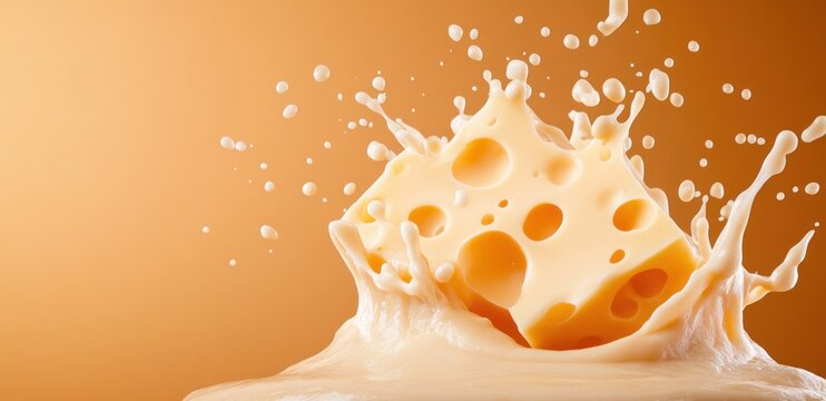 Splashing cheese cube in creamy milk on orange background. Cheese splash