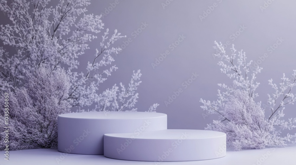 Leinwandbilder A minimalist setup includes two soft purple circular platforms and delicate foliage, creating a tranquil space perfect for displaying art or products.