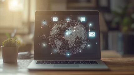 Na ekranie laptopa pojawia się alert o nowym e-mailu, wskazujący na aktywne połączenie komunikacyjne w międzynarodowym środowisku biurowym. 