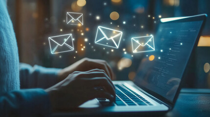 Na ekranie laptopa pojawia się alert o nowym e-mailu, wskazujący na aktywne połączenie komunikacyjne w międzynarodowym środowisku biurowym. 