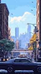 Naklejka premium Pixelated Cityscape: A Retro Street Scene
