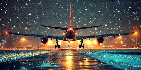 Airplane Landing in Snowy Weather at Night