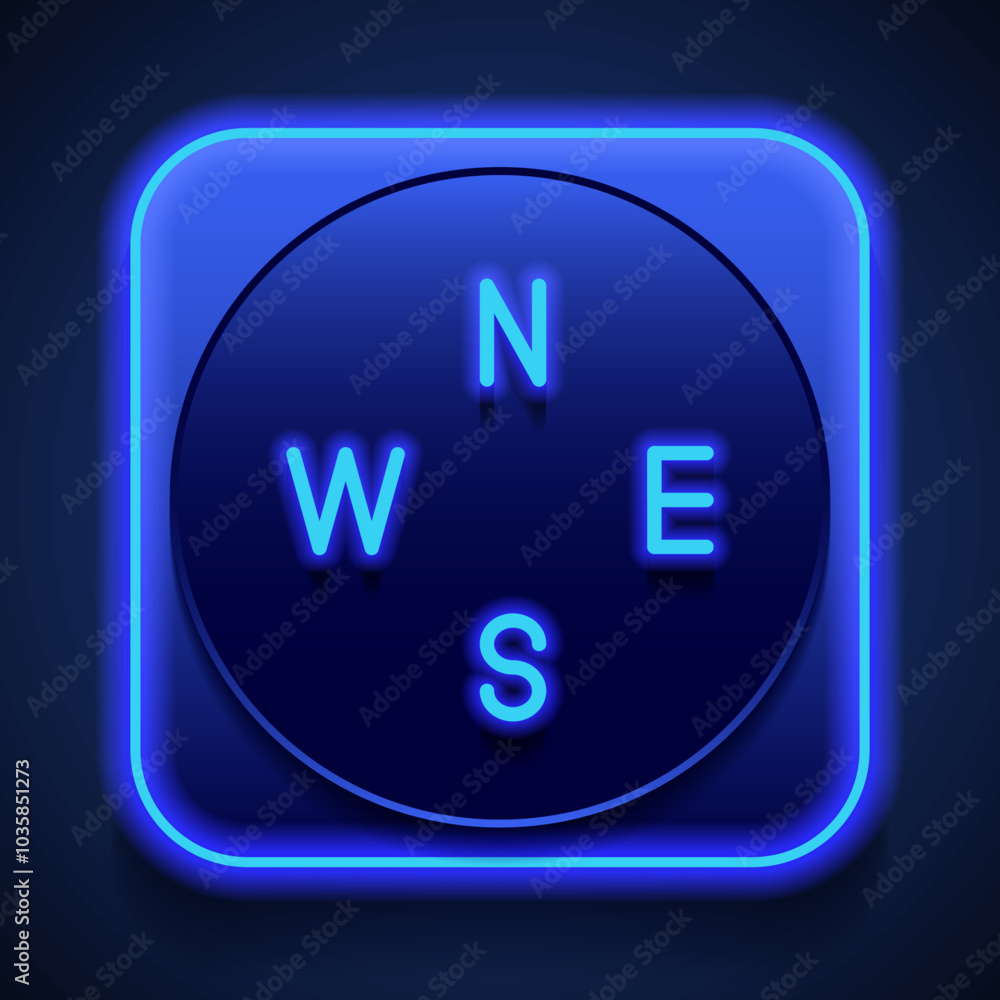 Poster compass simple icon vector. flat design. blue neon style on button. with shadow