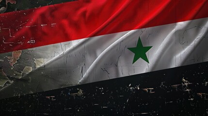 Worn Syrian flag with red, white, black stripes and green stars on weathered surface