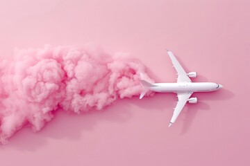 Airplane flying through pink smoke on pastel background