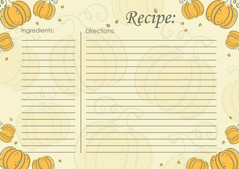 Recipe card template, vegetable blank. Rape pumpkin cooking list. Cartoon recipe card