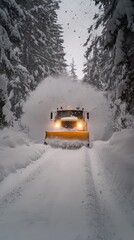 Snow Plow Clearing Snowy Road in Forest