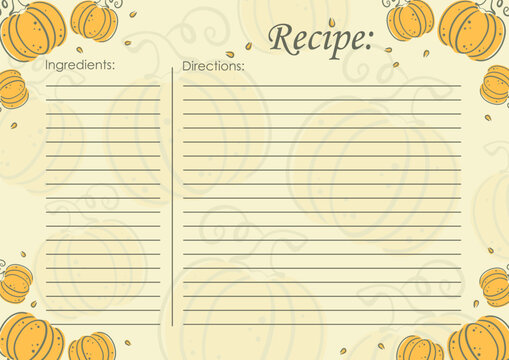 Recipe card template, vegetable blank. Rape pumpkin cooking list. Cartoon recipe card