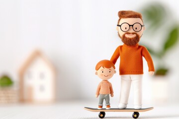 Playful father and son on toy skateboard in minimalist living room