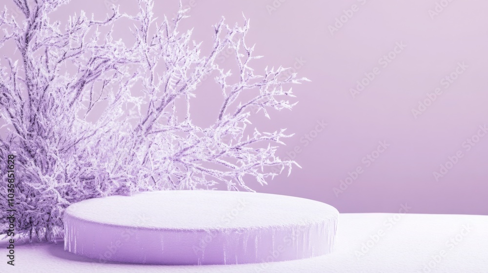 Poster a serene winter setting displays a frosty tree beside a circular platform covered in snow. the scene