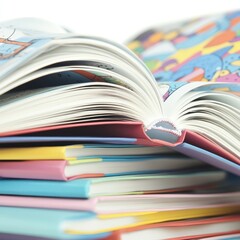 A colorful stack of open books showcasing vibrant illustrations and designs.