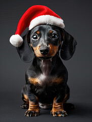 A cute dachshund puppy wearing a festive Santa hat poses for a holiday portrait in December