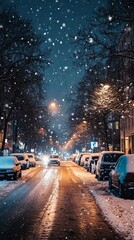 Obraz premium Snowy City Street at Night with Cars and Streetlights