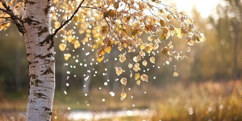 Naklejka premium Autumn Leaves on Birch Tree with Golden Sunlight