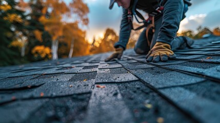 Roofer installing shingles on a residential roof during autumn sunset