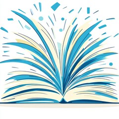 An open book with dynamic blue pages and abstract elements.