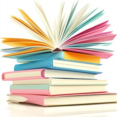 A stack of colorful books with an open book on top, symbolizing knowledge.