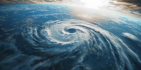 View of a tornado from space, weather against the background of the ocean, a hurricane from space. Natural disasters and tornadoes occur.