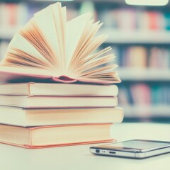 Fototapeta premium A stack of books with an open book and a smartphone nearby.
