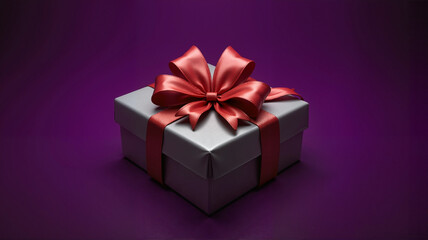 Obraz premium Silver gift box with red ribbon on purple background