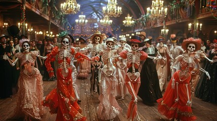 Obraz premium A lively dance performance featuring a group of skeletons in elaborate costumes at a festive venue