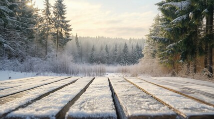 Fototapeta premium Winter background and empty wooden table and snow. Christmas card, generative ai
