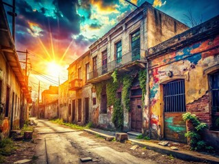 Urban Exploration Photography with Film Burn Light Leak and Grain Texture for Atmospheric Effects