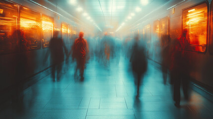 Abstract blurred of people walk at the station, Generative AI