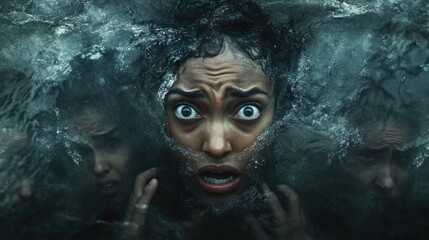 Obraz premium Intense faces under turbulent water representing nature's fury and chaos, concept of hurricane