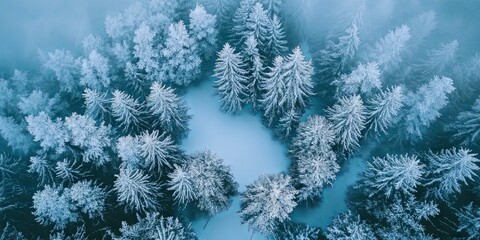 Snow Covered Trees in a Foggy Winter Forest - Aerial View