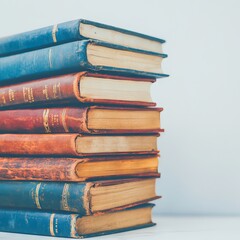 A stack of vintage books with colorful spines on a light background.