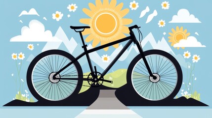 Fototapeta premium A black mountain bike with a sunny sky and mountains in the background.