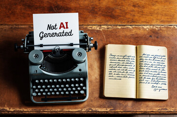 A vintage typewriter with a sign that reads text word "Not AI Generated" and a note pad with writing on it, suggesting a theme of original content