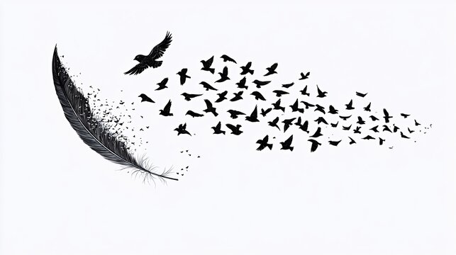 A black feather with a flock of birds flying from it, on a white background.