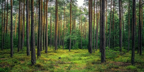 Obraz premium Tall Pine Trees in a Lush Green Forest
