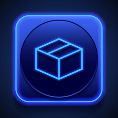 Box icon, vector. Flat design. Blue neon style on button. With shadow