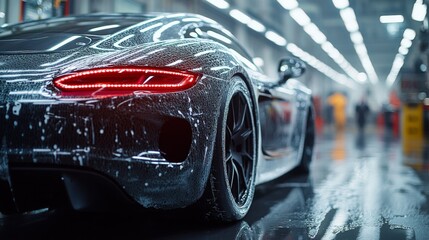 A glossy black sports car is undergoing a thorough wash in a well-lit automotive workshop, showcasing droplets of water on its sleek surface, highlighting the meticulous care of the vehicle.