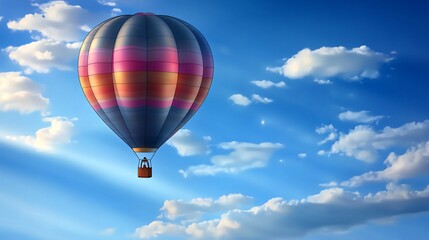 Naklejka premium A colorful hot air balloon floats high in a blue sky with white clouds.