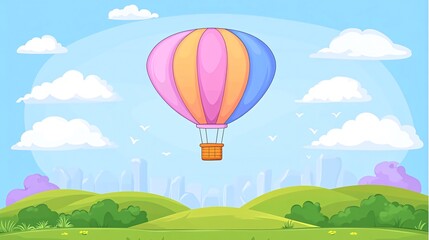 Fototapeta premium A colorful hot air balloon soars over a green landscape with a city skyline in the distance.