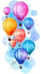 Colorful hot air balloons float against a soft, abstract background, creating a whimsical and cheerful atmosphere.