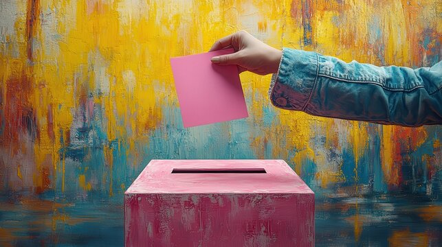 A hand casting a pink vote into a vibrant, colorful ballot box.