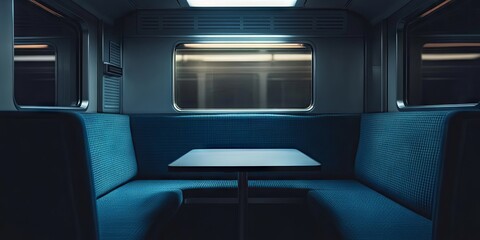 Empty Train Compartment with Blue Seats and Table