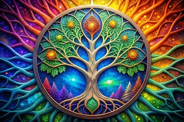 Vibrant Abstract Meditation Art with Tree of Life and Chakra Colors for Serenity and Spirituality