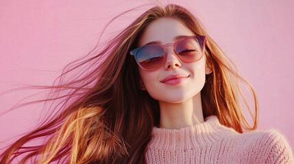 Młoda kobieta z długimi, luźnymi włosami, w modnych okularach, pozując w swobodny sposób.